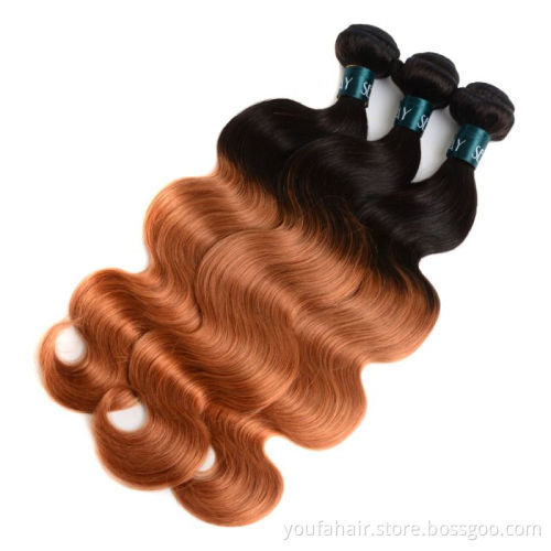 Cambodian 100% Human Hair Weave Ombre Color Brown 1B/30# Body Wave Cuticle Aligned Virgin Hair Bundles With Lace Closure Front